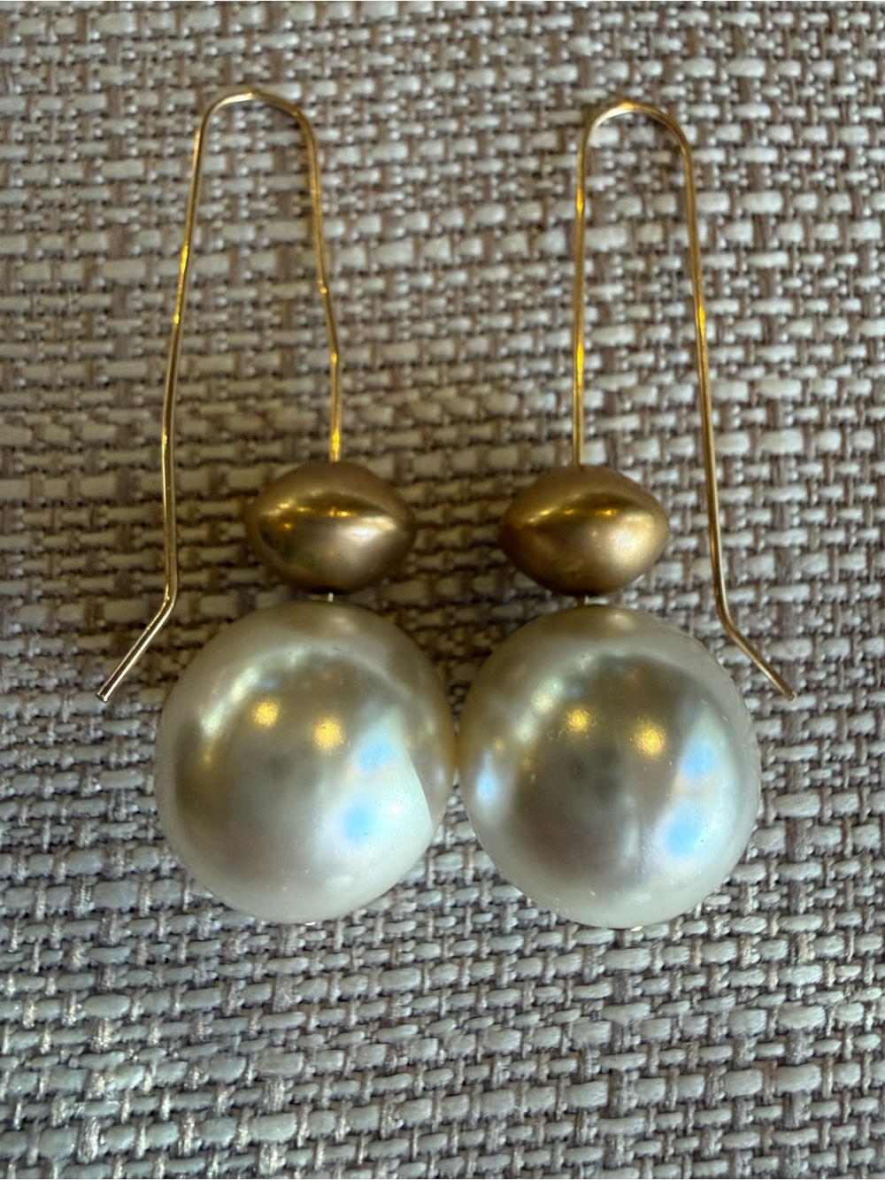 Vintage Modernist Large Pearl Drop Hook Earrings - Brushed Gold Tone